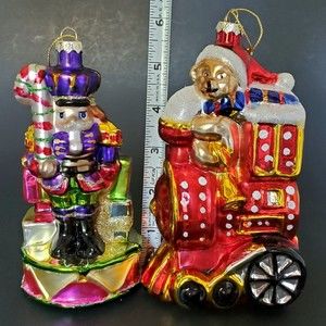 Hand Painted Glass Christmas Tree Ornaments Teddy Bear on Train/ Nutcracker 1990